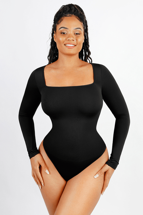 Curvypower | Australia bodysuit Women's Square Neck Long Sleeve Tummy Control Shapewear Bodysuit