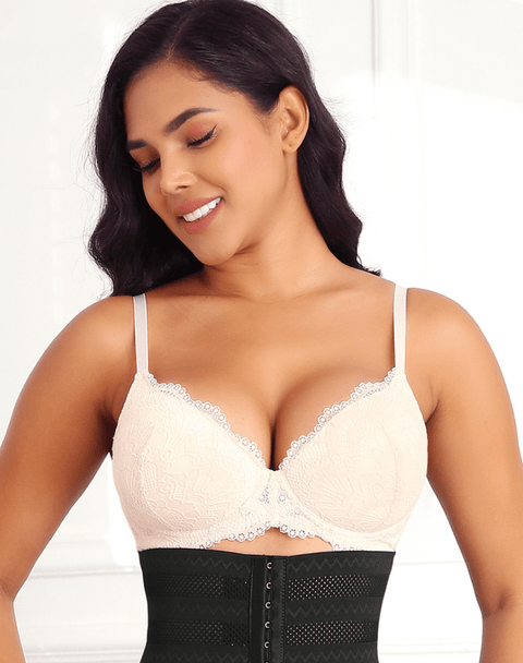 Curvypower | Australia Bras Beige / 34B Plus Size Plunge Lace Push Up Bra with Adjustable Straps