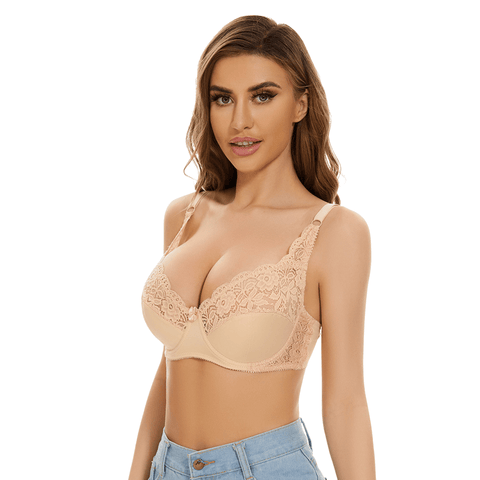 Curvypower | Australia Bras Beige / 38/85C Low Back Underwire Plus Size Adjustable Strap Lace Push Up Bra