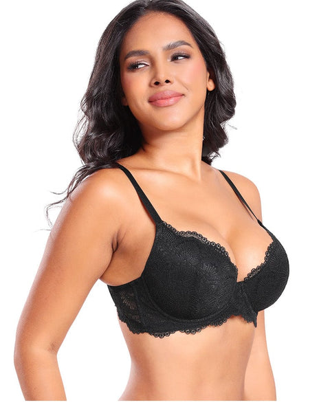 Curvypower | Australia Bras Black / 34B Plus Size Plunge Lace Push Up Bra with Adjustable Straps
