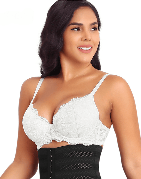 Curvypower | Australia Bras White / 34B Plus Size Plunge Lace Push Up Bra with Adjustable Straps
