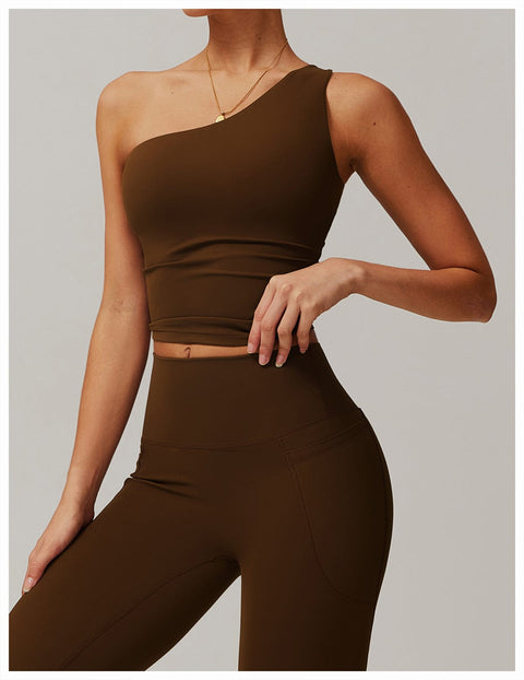 Curvypower | Australia Crop Top Birch Tea Brown / S One Shoulder Workout Shaping Crop Top with Removable Chest Pads