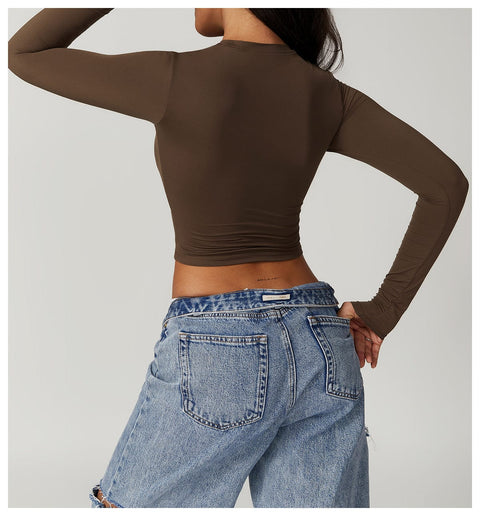Curvypower | Australia Crop Top Brown / S Women Seamless Long Sleeve Yoga Shaping Crop Top