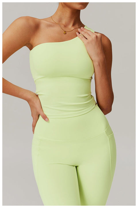 Curvypower | Australia Crop Top Light Yellow Green / S One Shoulder Workout Shaping Crop Top with Removable Chest Pads
