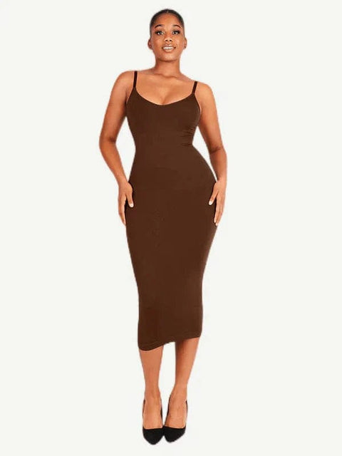 CurvyPower | Australia Maxi Dress Brown / XS/S V Neck Bodycon Midi Shaper Dress with Spaghetti Straps