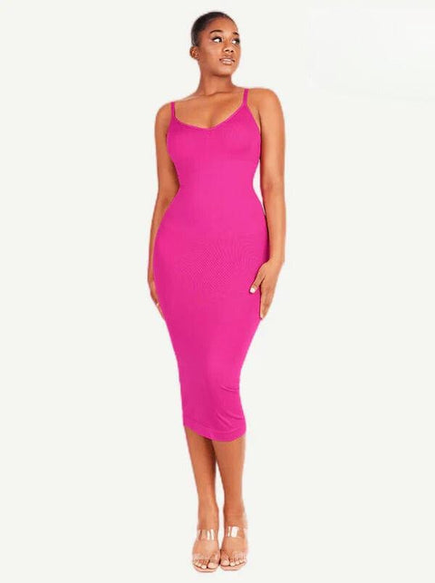 CurvyPower | Australia Maxi Dress Pink / XS/S V Neck Bodycon Midi Shaper Dress with Spaghetti Straps