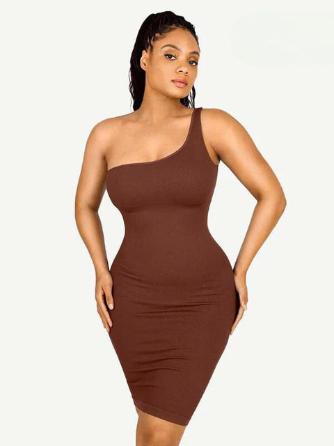 CurvyPower | Australia Midi Dress Brown / XS/S Summer One Shoulder Tight Bodycon Midi Dress With Built In Bra