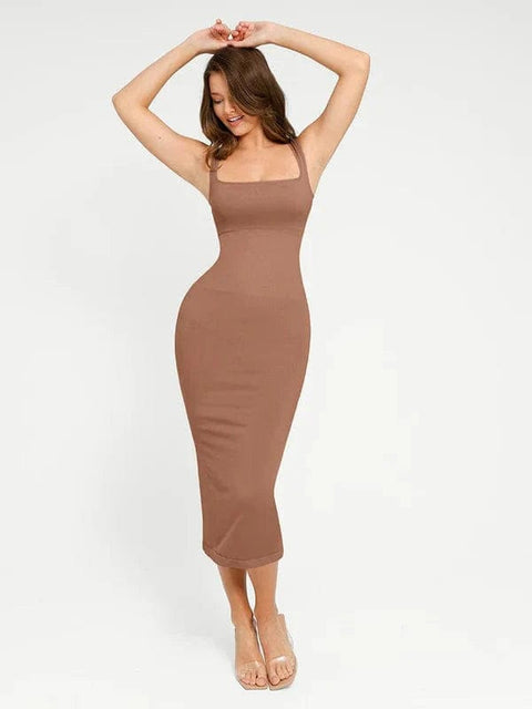 CurvyPower | Australia Midi Dress Brown / XXS Midi Sleeveless Square Neck Built Bra Shapewear Dress