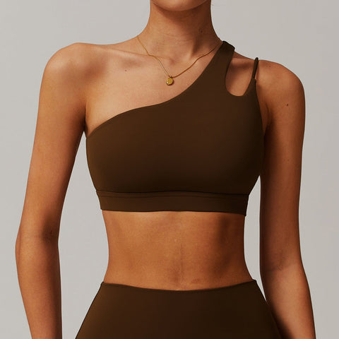 Curvypower | Australia Sports Bra Birch Tea Brown / S Women’s One-Shoulder Sports Bra Asymmetrical Workout Bra with Removable Pads & High Support