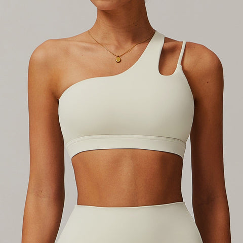 Curvypower | Australia Sports Bra Cream Apricot / S Women’s One-Shoulder Sports Bra Asymmetrical Workout Bra with Removable Pads & High Support