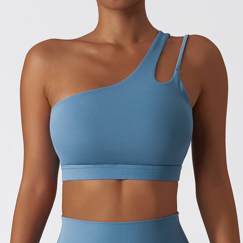 Curvypower | Australia Sports Bra Light Gray Blue / S Women’s One-Shoulder Sports Bra Asymmetrical Workout Bra with Removable Pads & High Support