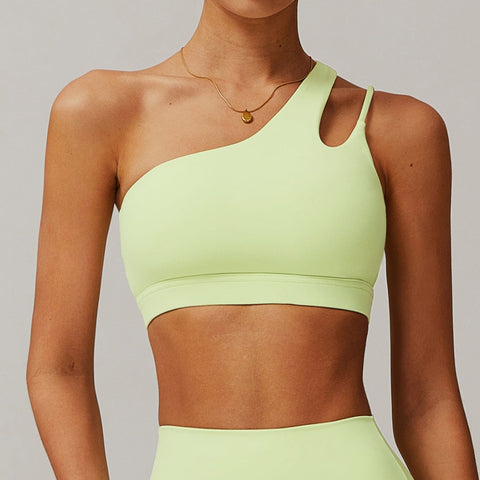 Curvypower | Australia Sports Bra Light Yellow Green / S Women’s One-Shoulder Sports Bra Asymmetrical Workout Bra with Removable Pads & High Support