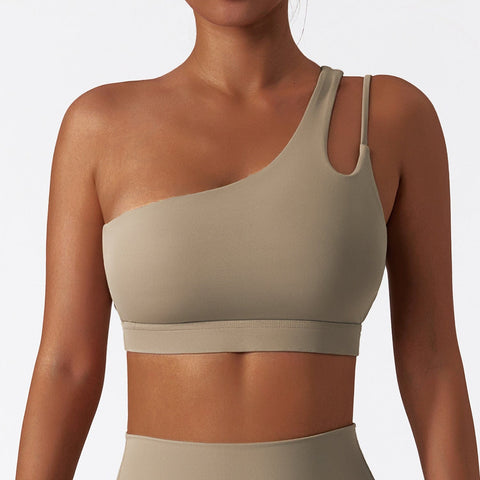 Curvypower | Australia Sports Bra Sand Palm / S Women’s One-Shoulder Sports Bra Asymmetrical Workout Bra with Removable Pads & High Support