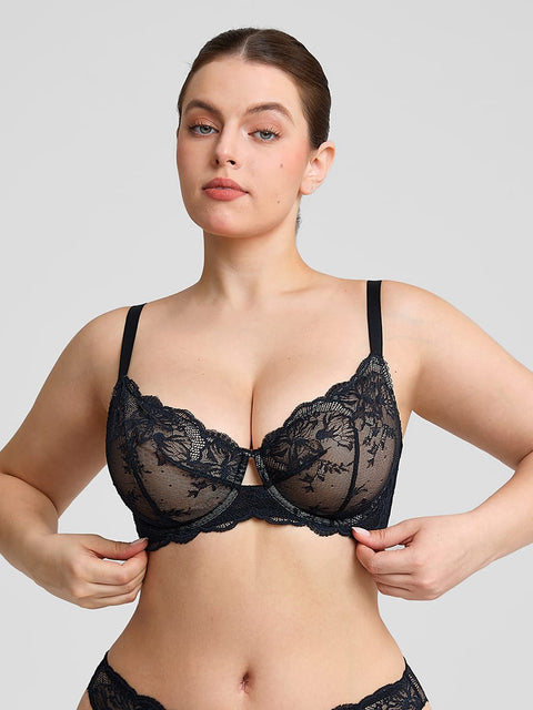 Curvypower | Australia Women's Lingerie > Bras > Sheer Floral Lace Bra Black / 32 / B Sheer Floral Lace Bra with Underwire and Mesh Lining