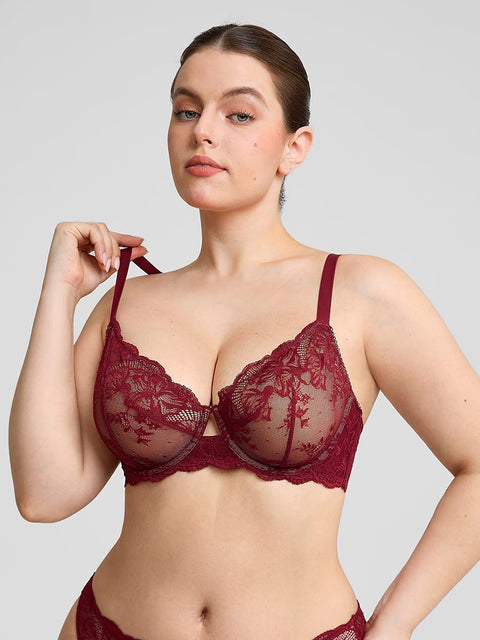 Curvypower | Australia Women's Lingerie > Bras > Sheer Floral Lace Bra Burgundy Red / 32 / B Sheer Floral Lace Bra with Underwire and Mesh Lining