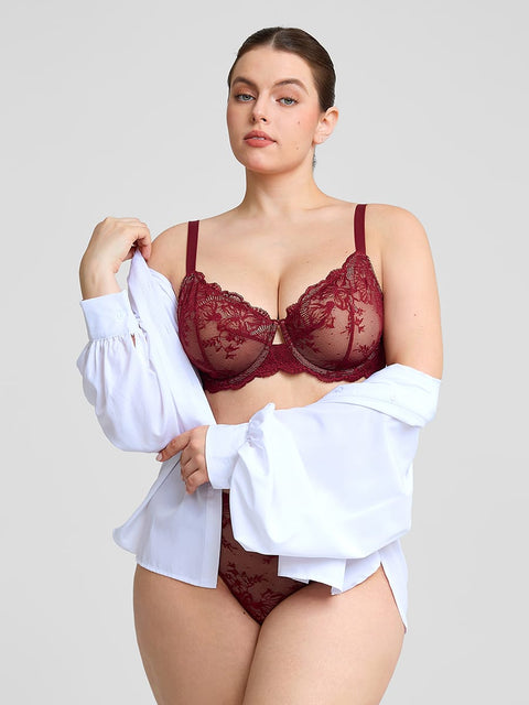 Curvypower | Australia Women's Lingerie > Bras > Sheer Floral Lace Bra Sheer Floral Lace Bra with Underwire and Mesh Lining