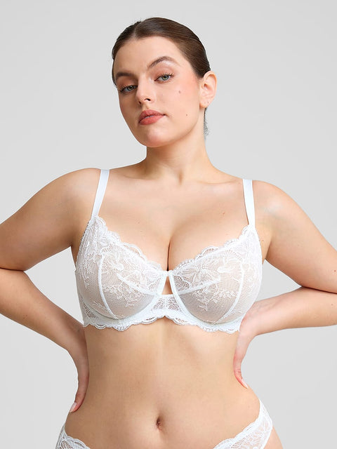 Curvypower | Australia Women's Lingerie > Bras > Sheer Floral Lace Bra White / 32 / B Sheer Floral Lace Bra with Underwire and Mesh Lining