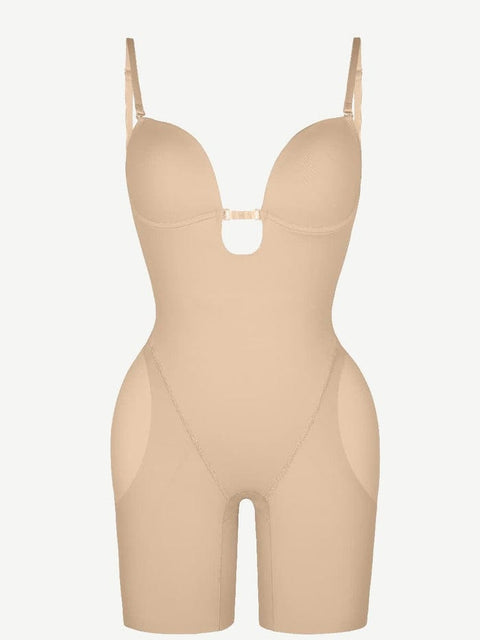 CurvyPower shapewear bodysuit Nude / XS Plunge Low-Back Mid-Thigh Shapewear Bodysuit With Built-in Removable Hip Pads