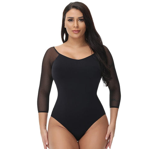 curvypower-au Shapewear S Women Sheer Mesh Mid-Sleeve Shapewear Bodysuit Thong