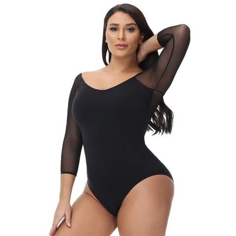 curvypower-au Shapewear Women Sheer Mesh Mid-Sleeve Shapewear Bodysuit Thong