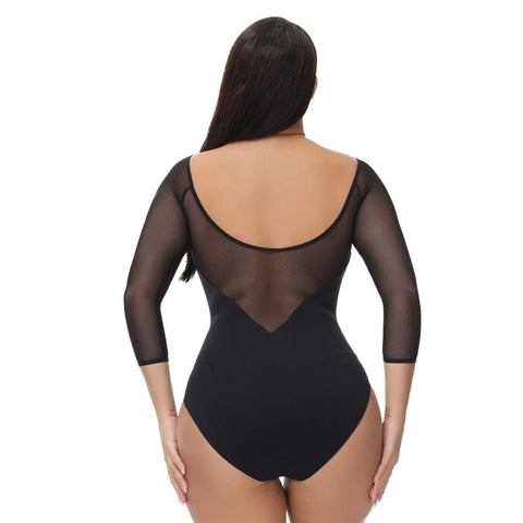 curvypower-au Shapewear Women Sheer Mesh Mid-Sleeve Shapewear Bodysuit Thong
