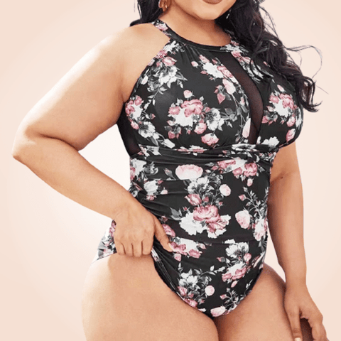Curvypower | Australia L / White Pink Floral Plus Size Contrast Mesh One Piece Floral Swimwear