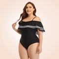 Curvypower | Australia Swimwear Plus Size Ruffle Trim Off-Shoulder Striped Flounce One Piece Swimsuit