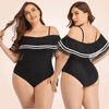 Curvypower | Australia Swimwear Plus Size Ruffle Trim Off-Shoulder Striped Flounce One Piece Swimsuit