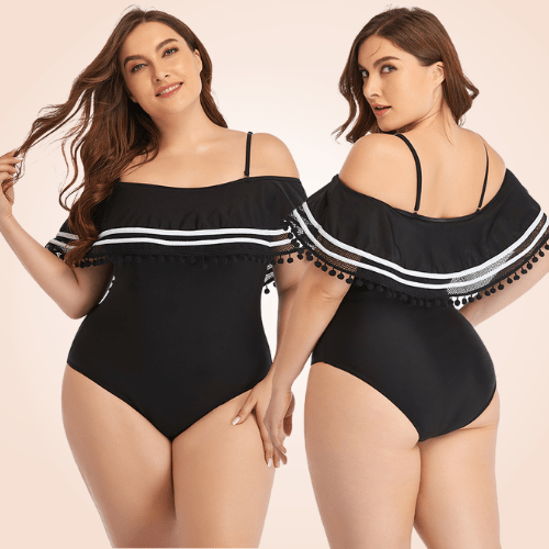 Plus Size Ruffle Trim Off Shoulder Striped Flounce One Piece