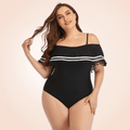 Curvypower | Australia Swimwear Plus Size Ruffle Trim Off-Shoulder Striped Flounce One Piece Swimsuit
